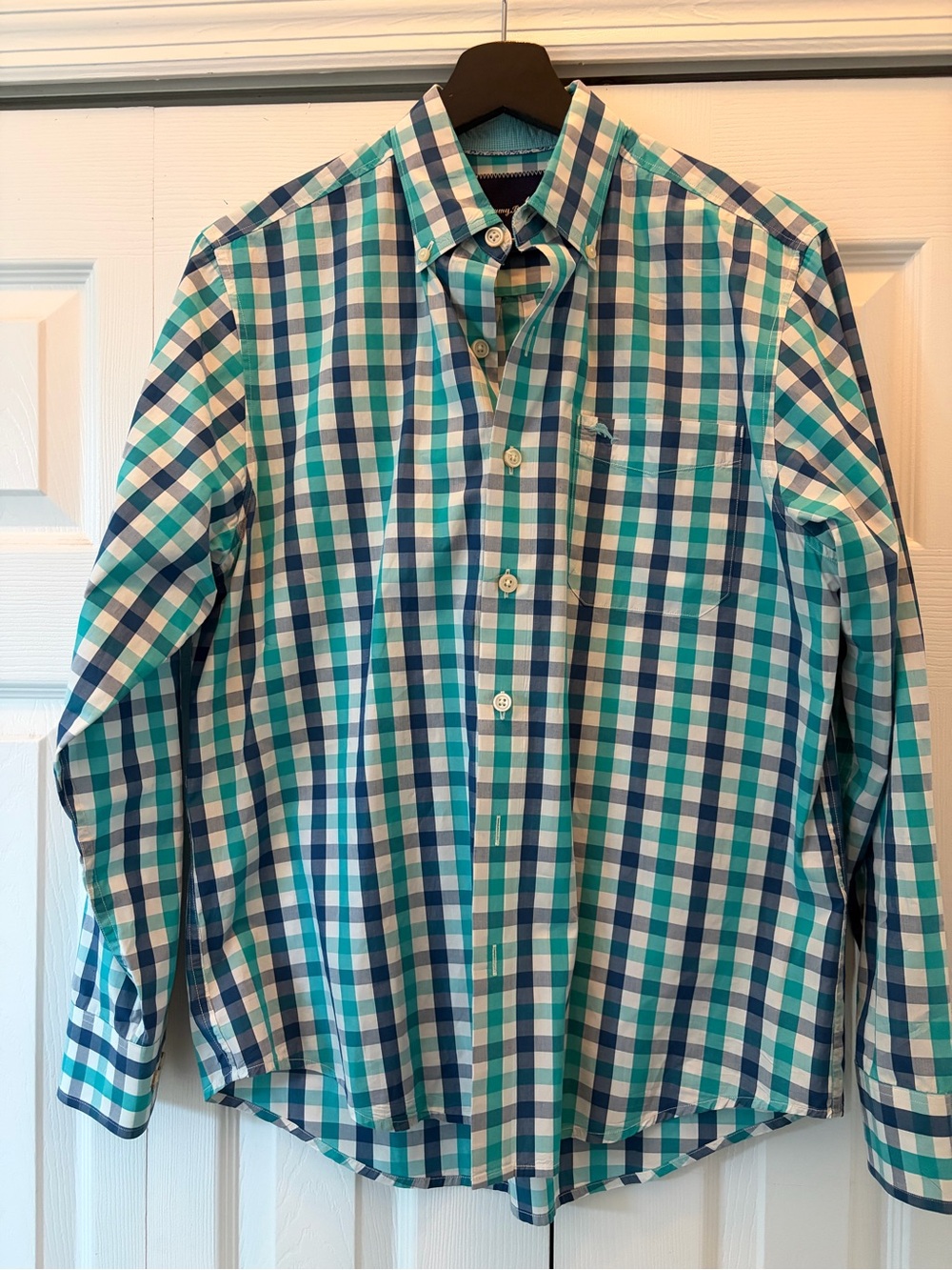 Tommy Bahama Plaid Button Down Shirt Men’s Large Blue Aqua Long Sleeve Coastal